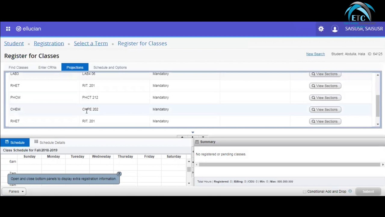 Registration using projections using Banner System