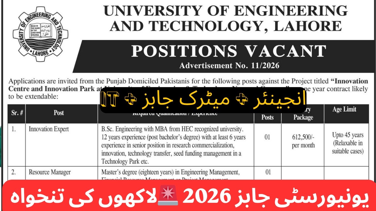 UET Lahore Jobs 2026 | Narowal Campus Jobs | IT, Engineer & Govt Jobs | Apply Before 10 April