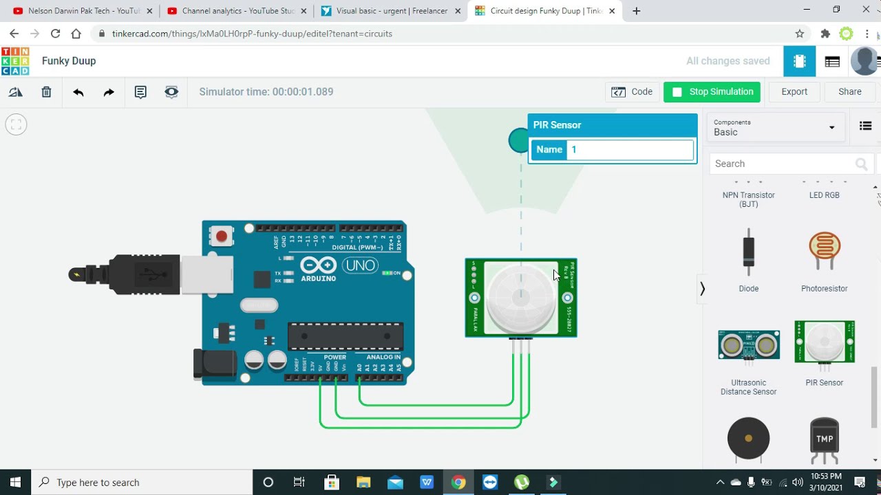 PIR-датчик с моделированием Arduino в TimkerCad | как создать детектор движения в TinkerCad