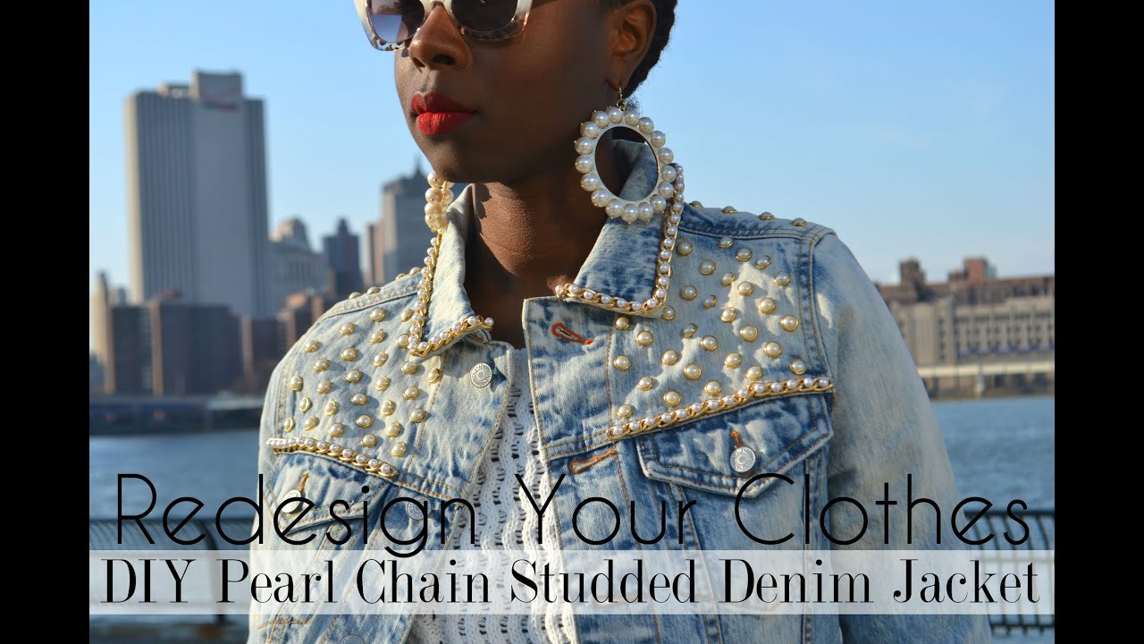 DIY Pearl Chain Studded Denim Jacket-(RYC) 19