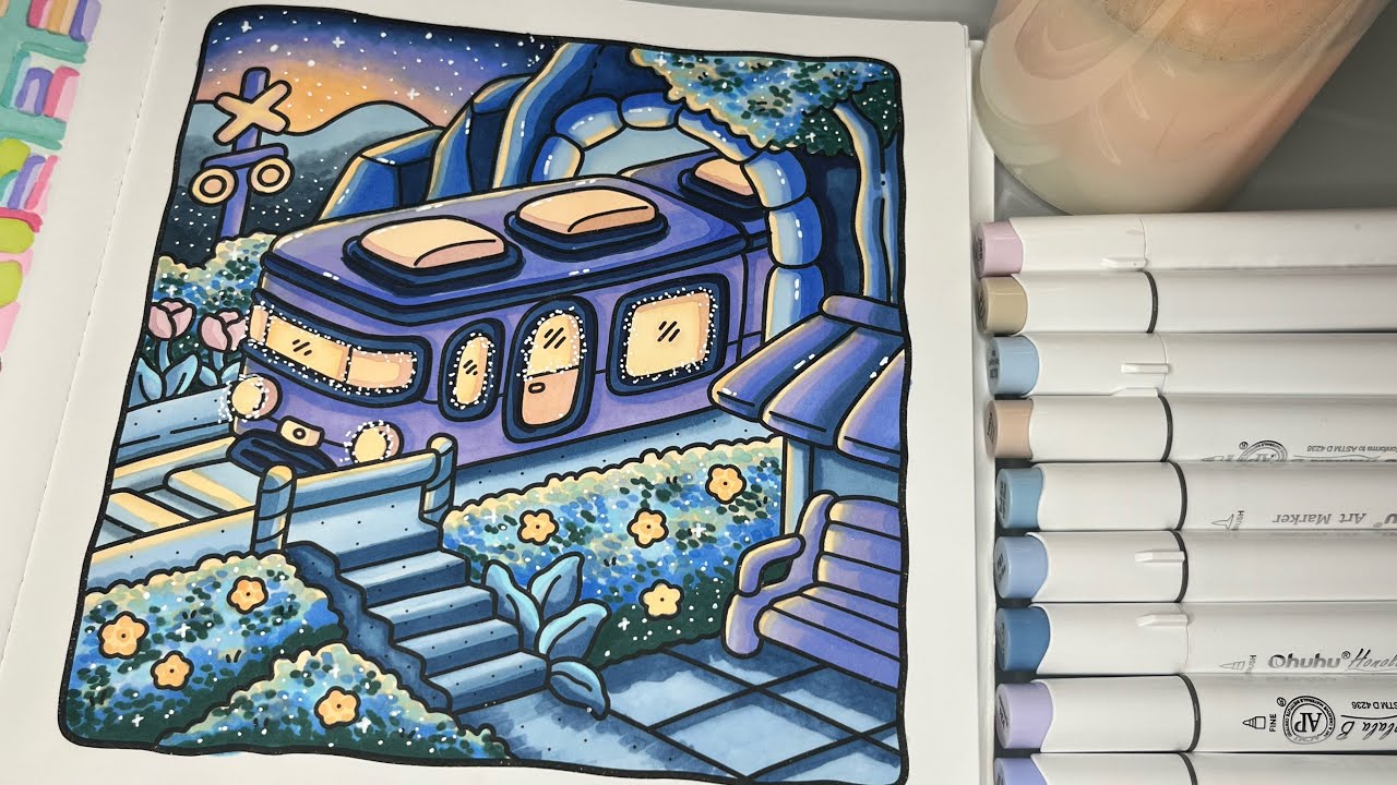 Cozy Corner by Coco Wyo | Color With Me #adultcoloring #ohuhumarkers #cozycorner #relaxingasmr 