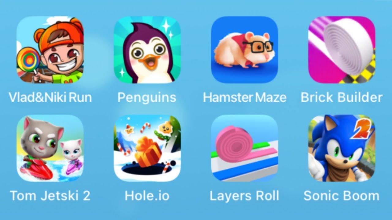 Vlad & Niki Run,Super Penguins,Hamster Maze,Brick Builder,TomJetski 2,Hole.io,Layers Roll,Sonic Boom