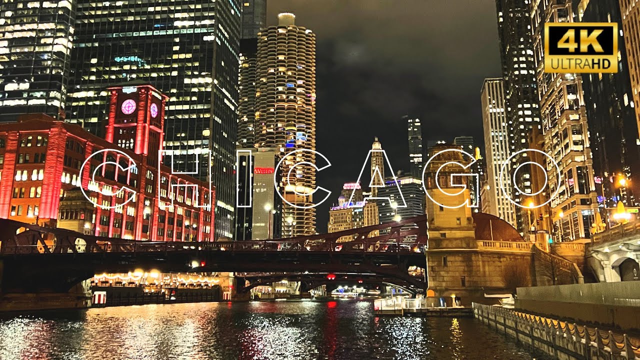 [4K] Chicago River Walk At Night - Binaural City Sounds Virtual Walking Tour 2022