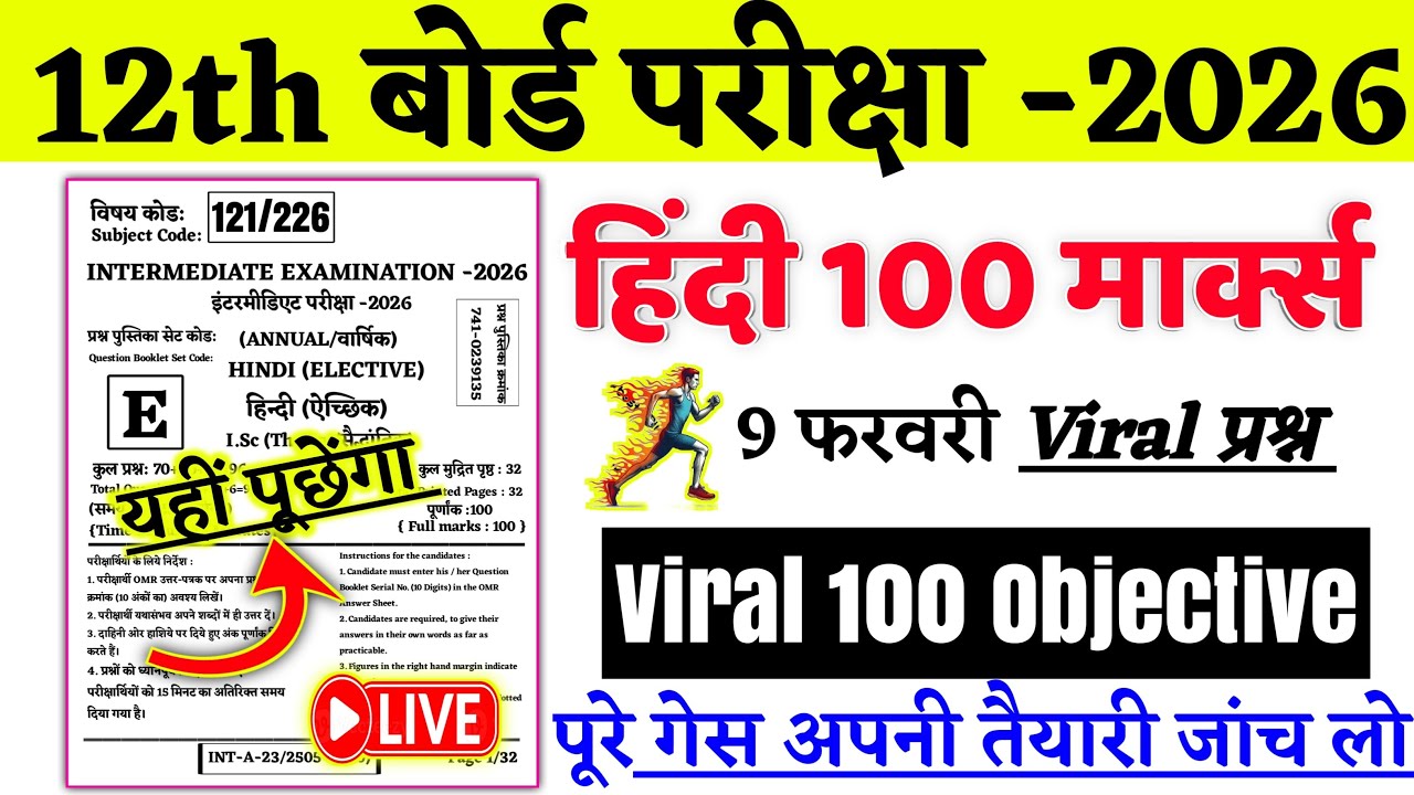 Bihar Board Hindi Vvi Objective Question || 12th Hindi 9 February Most Guess Objective 2026 #hindi