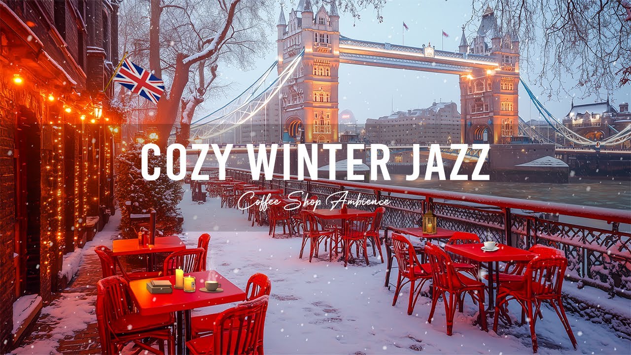 London’s Winter Charm: Cozy Jazz Music on a Café Street with Falling Snow for Working, Studying