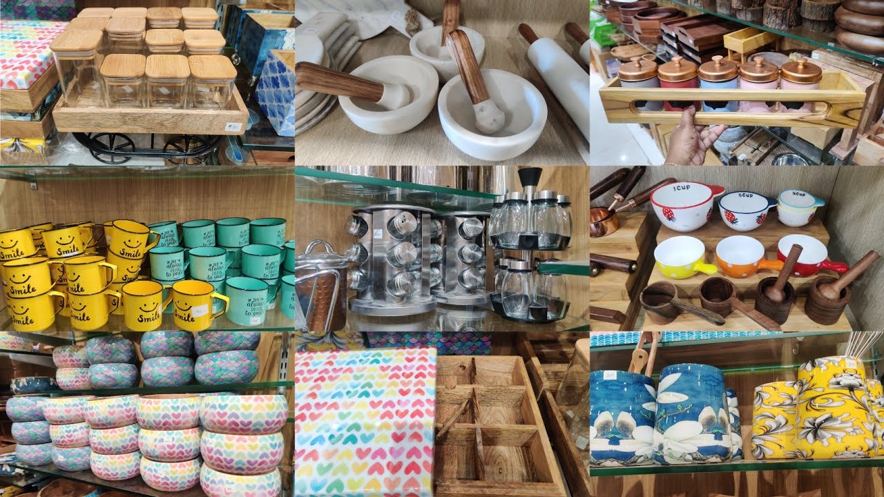 Kitchen Wooden Spice Boxes,Bowls Ceramic Glasswares chopping Board Masala Dabbas omega glassware