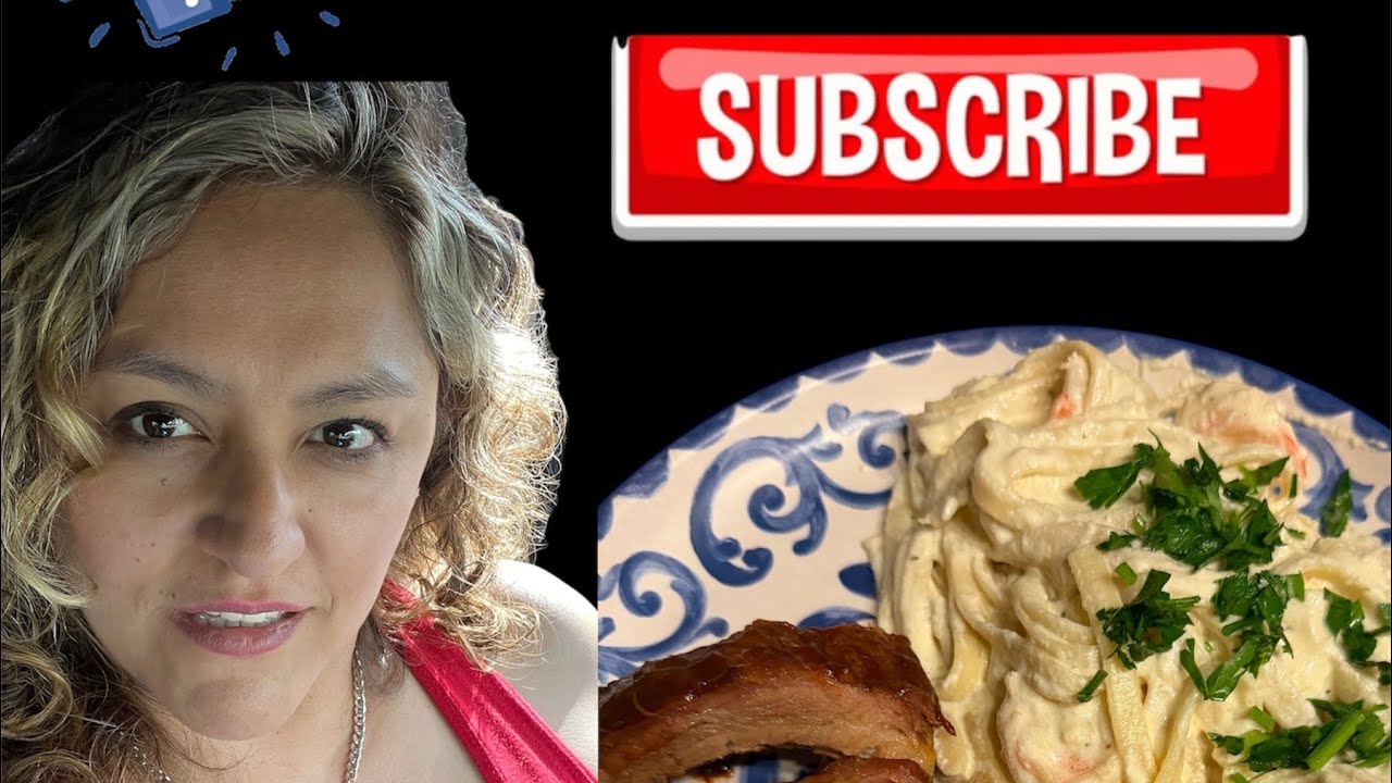 Cocinando fettuccini Alfredo con camarones y costillas barbecue 🤗