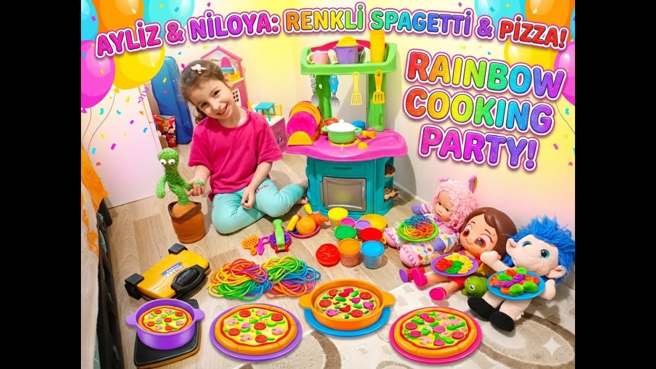 AYLİZ VE NİLOYA MUTFAKTA! 🍝🌈 Renkli Spagetti ve Pizza Yapımı | Toy Kitchen Cooking & Pretend Play