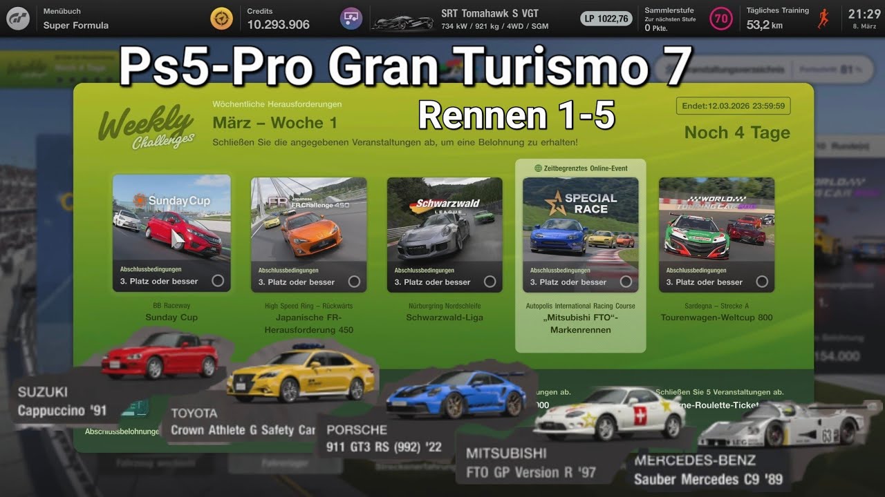 PS5-Pro Gran Turismo 7 Weekend Chellenge 1 Woche März 2025 Rennen 1-5 in 4K/60fps