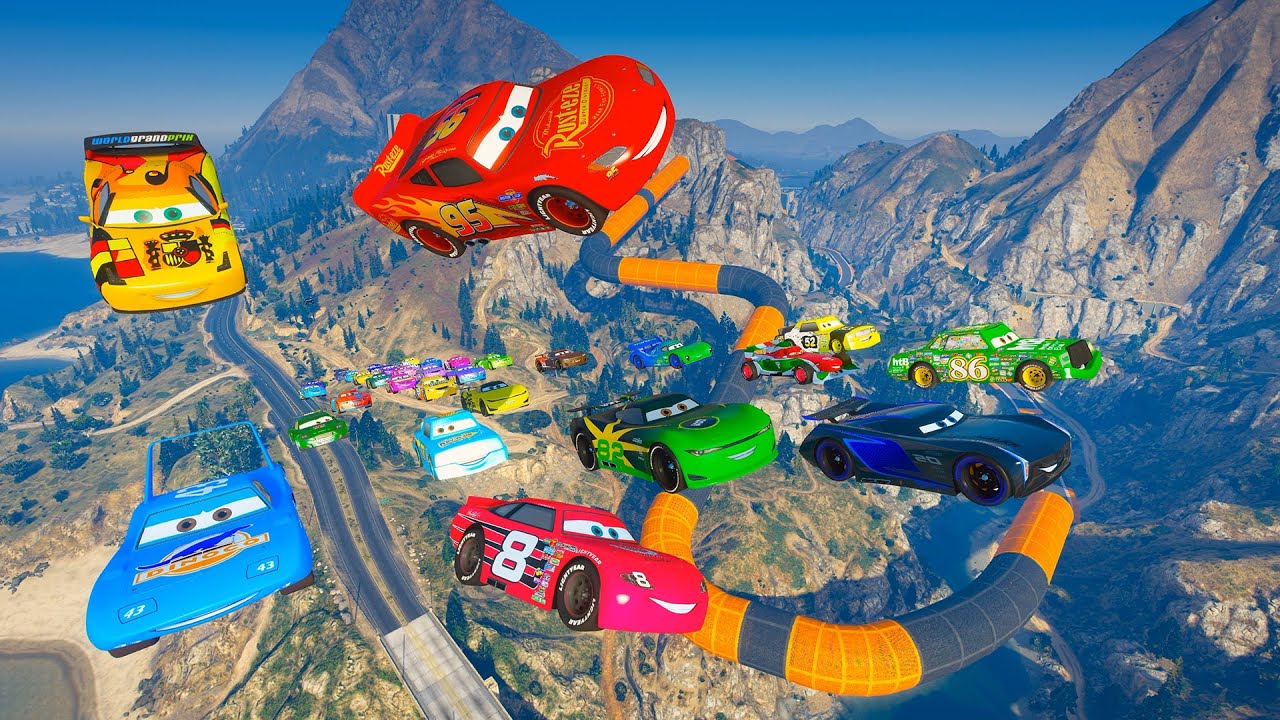 Cars Mountain High Jump Race — McQueen Storm Cruz The King Chick Hicks Dale Earnhardt Jr & Friends