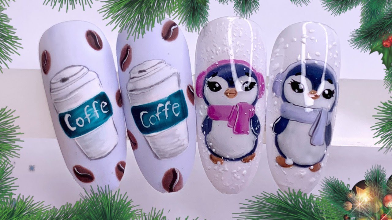 Новогодний дизайн ногтей❄️Милые пингвины🐧Очень простые рисунки на ногтях
