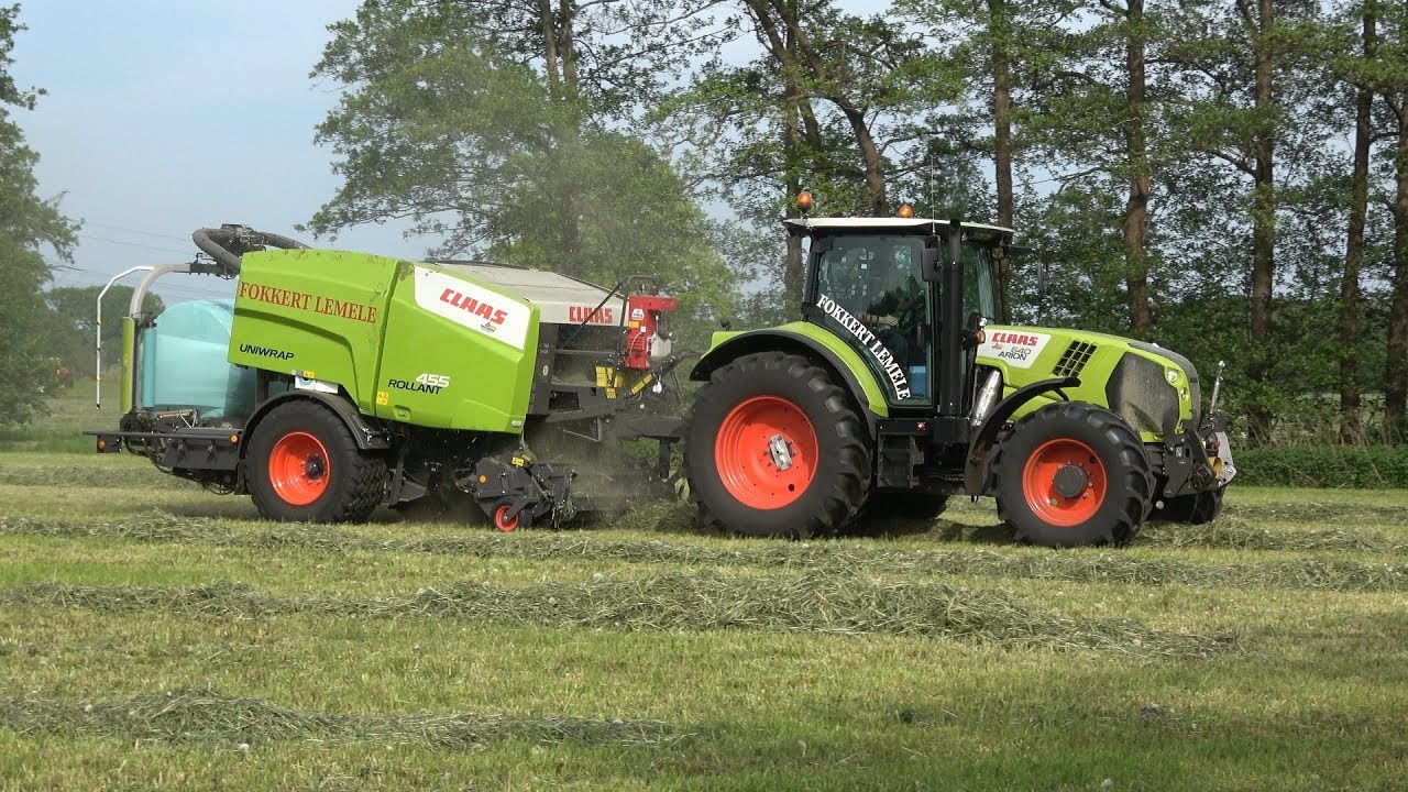 Ronde balen persen en wikkelen met Claas Arion 640 en Claas Rollant 455 Uniwrap (2020)