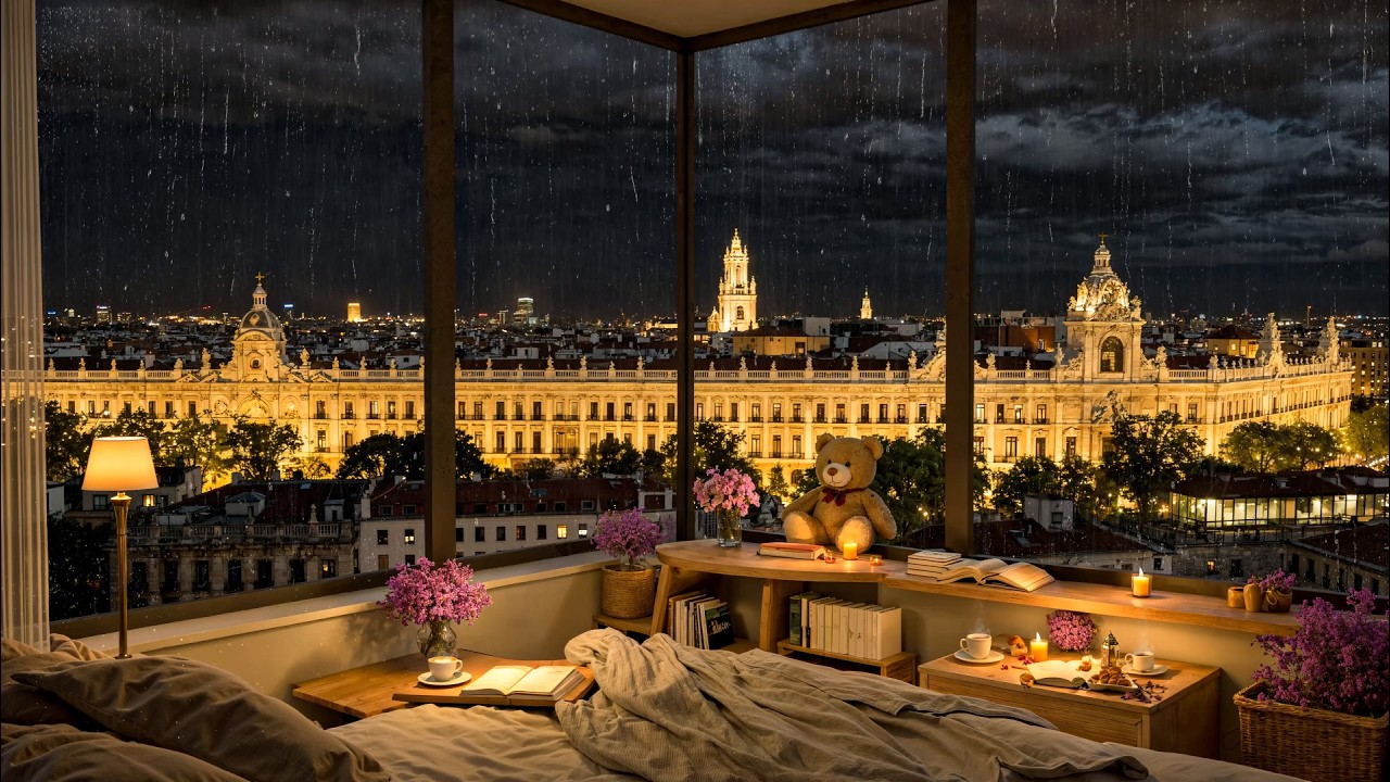 Rainy Night Jazz in Madrid - Relaxing Jazz and Rain Sounds in a Cozy Bedroom for Deep Sleep, Focus