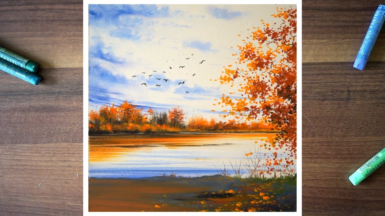 Beautiful autumn landscape drawing using oil pastels - tutorial for beginner
