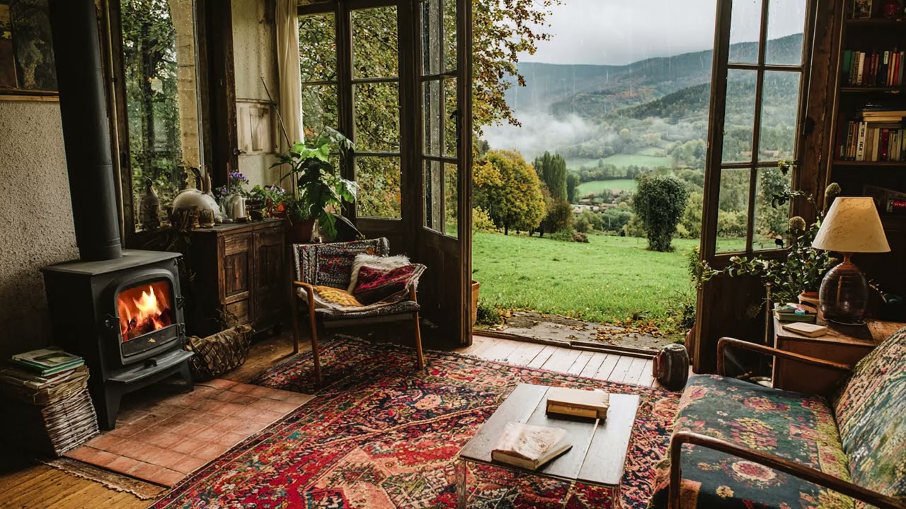 Peaceful Rain on the Porch 🌧️ Warm Fireplace in a Country Home for Relax & Sleep