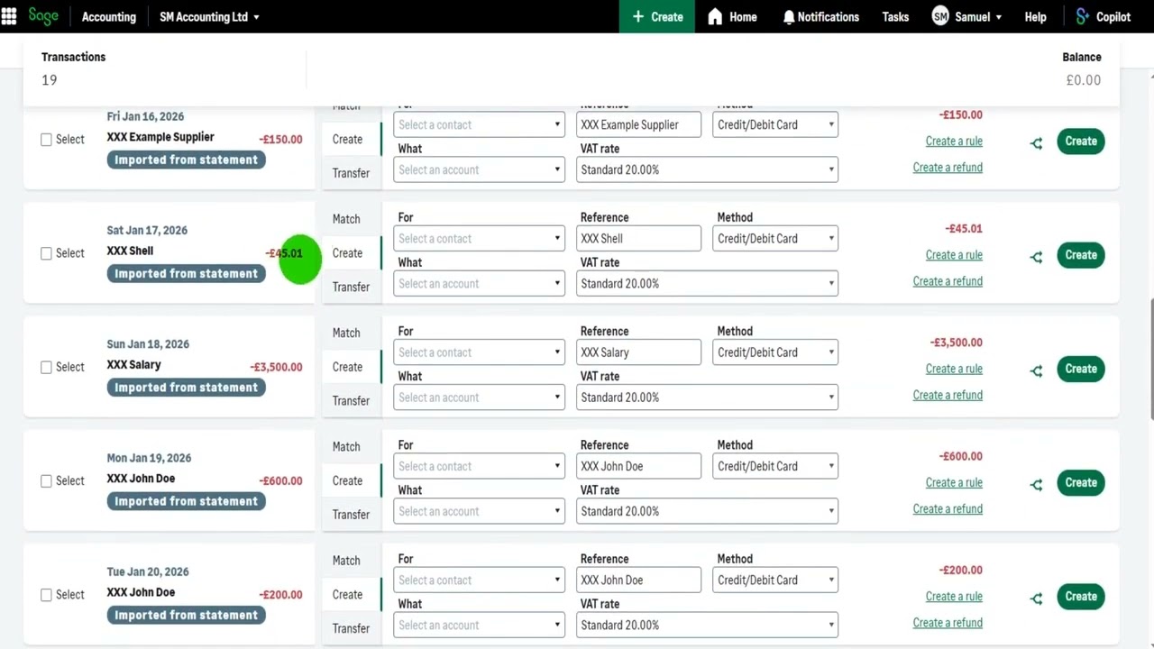 Using a Bank Feed on Sage Accounting (Match, Create, Transfer)