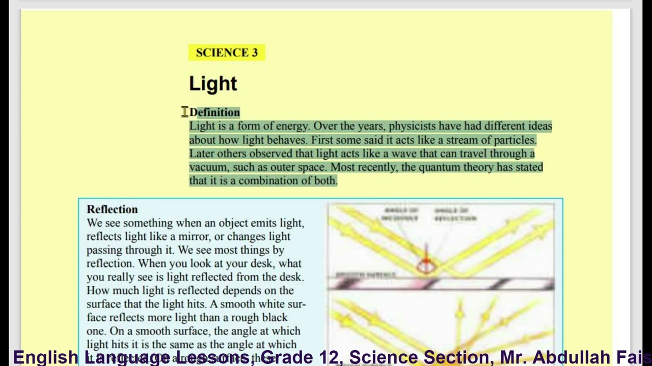 (Science 3: Light)شرح دروس اللغة الإنجليزية للصف الثالث الثانوي- اليمن