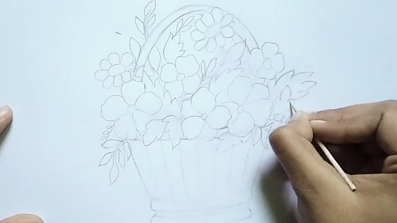 flower basket drawing step by step | how to draw basket of flowers step by step drawing