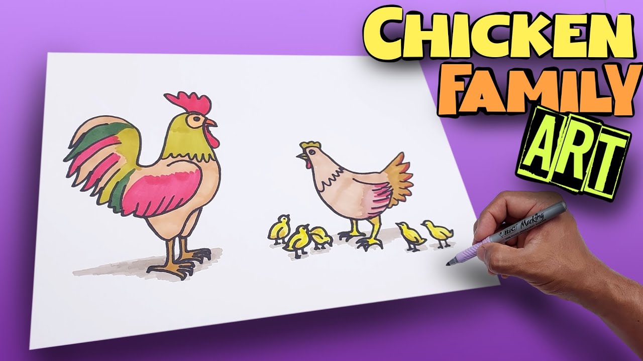 How to draw this family🐔, an imposing rooster🐓, a hen and her chicks🐣🐤🐥