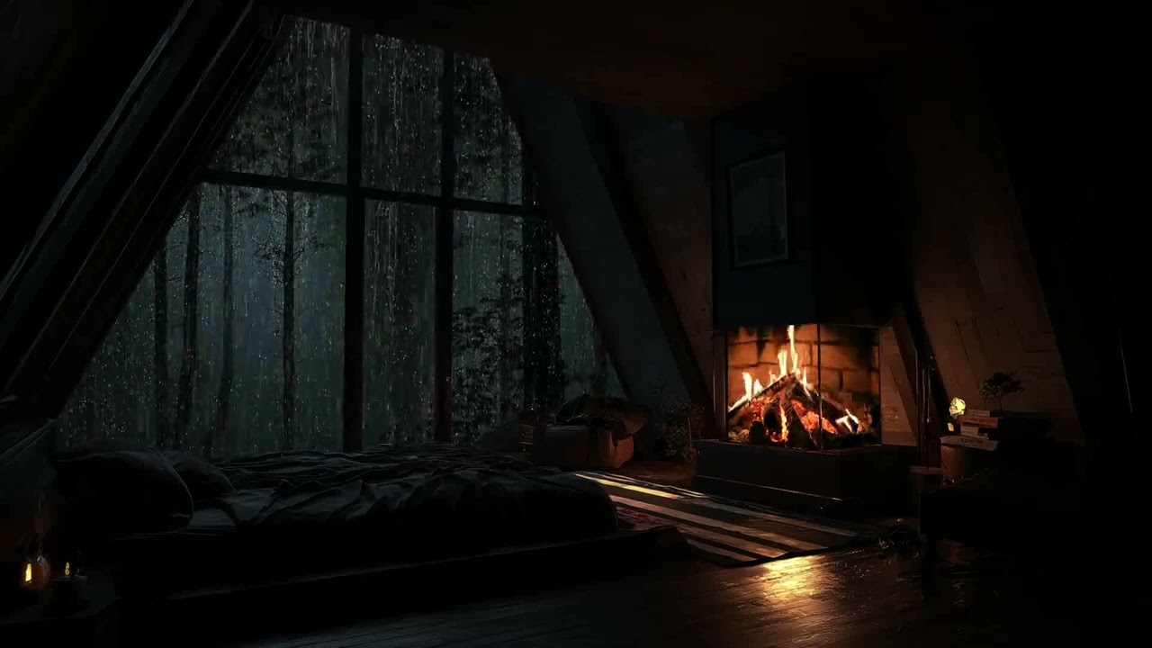Inside a quiet forest cabin while gentle rain covers the woods outside