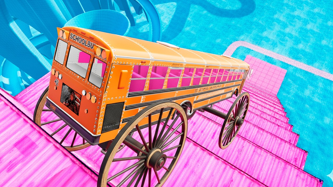 BeamNG Drive USA School Bus Crash &ndash; Stairs Jumps Down With Extreme Damage Physics