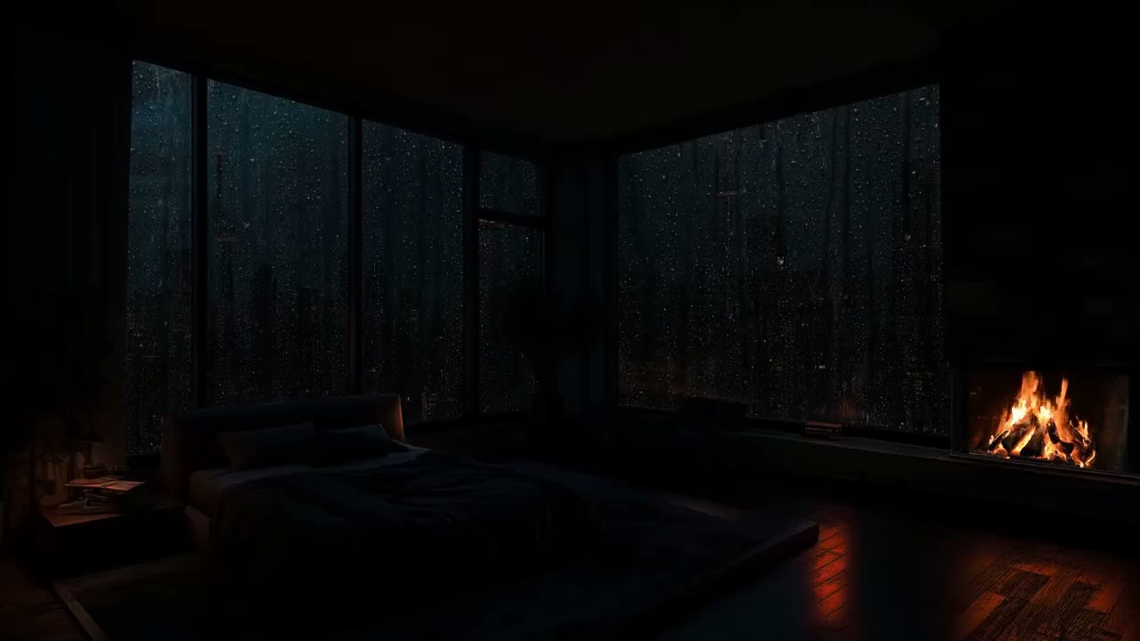 7 Hours Rain Sounds & Crackling Fire in a Dark Luxury NYC Bedroom for Deep Sleep (White Noise)