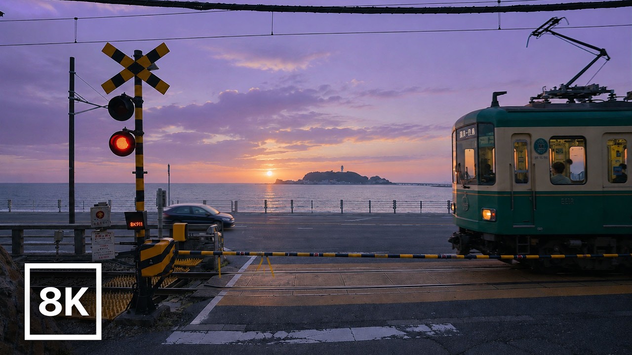 Japan Coastal Sunrise Drive 🚃 Enoshima to Kamakura / 8K 60fps HDR / Relaxing Piano + Car Ambience