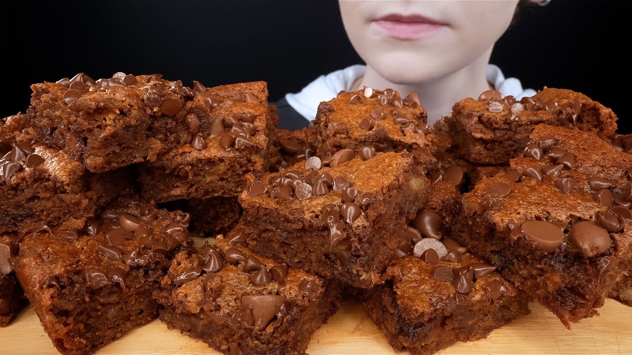 ASMR Chocolate Chip Almond Butter Banana Bread Squares Dessert Mukbang | Eating Sounds 먹방