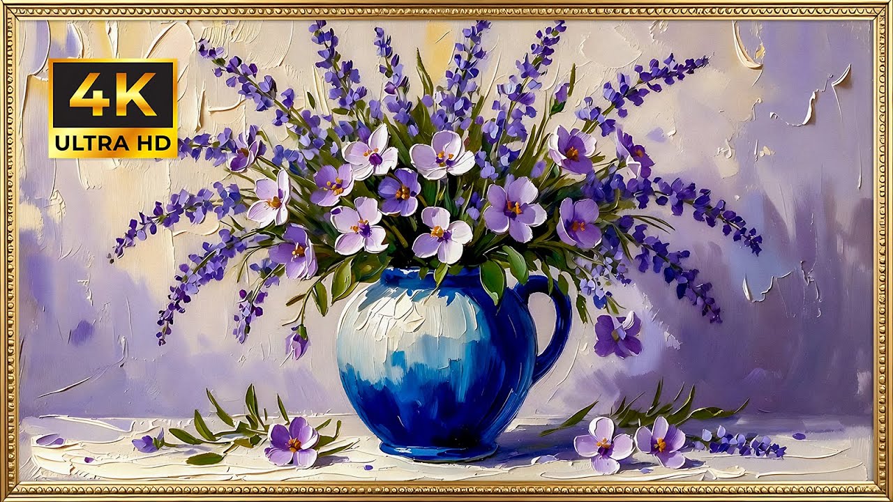 Vibrant Blue Forget-Me-Nots | Gold Framed 4K Art Screensaver |Classic Still Life Floral TV Wallpaper
