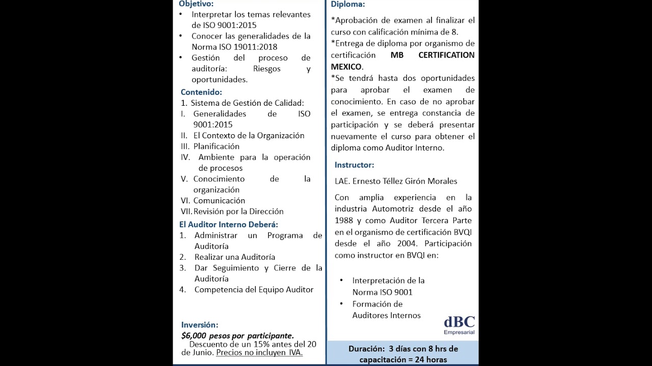 Curso de Formaci&oacute;n de Auditor Interno ISO 9001:2015