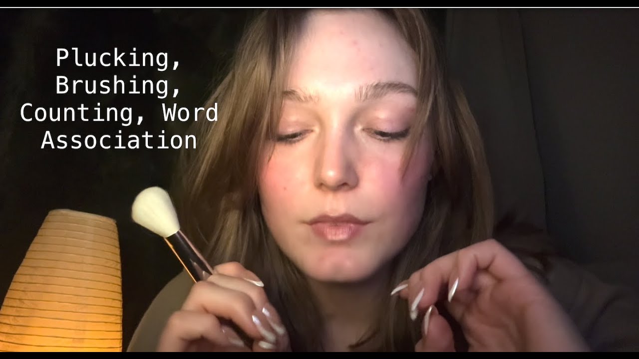 ASMR Up close plucking and brushing your face | feat. word association and counting