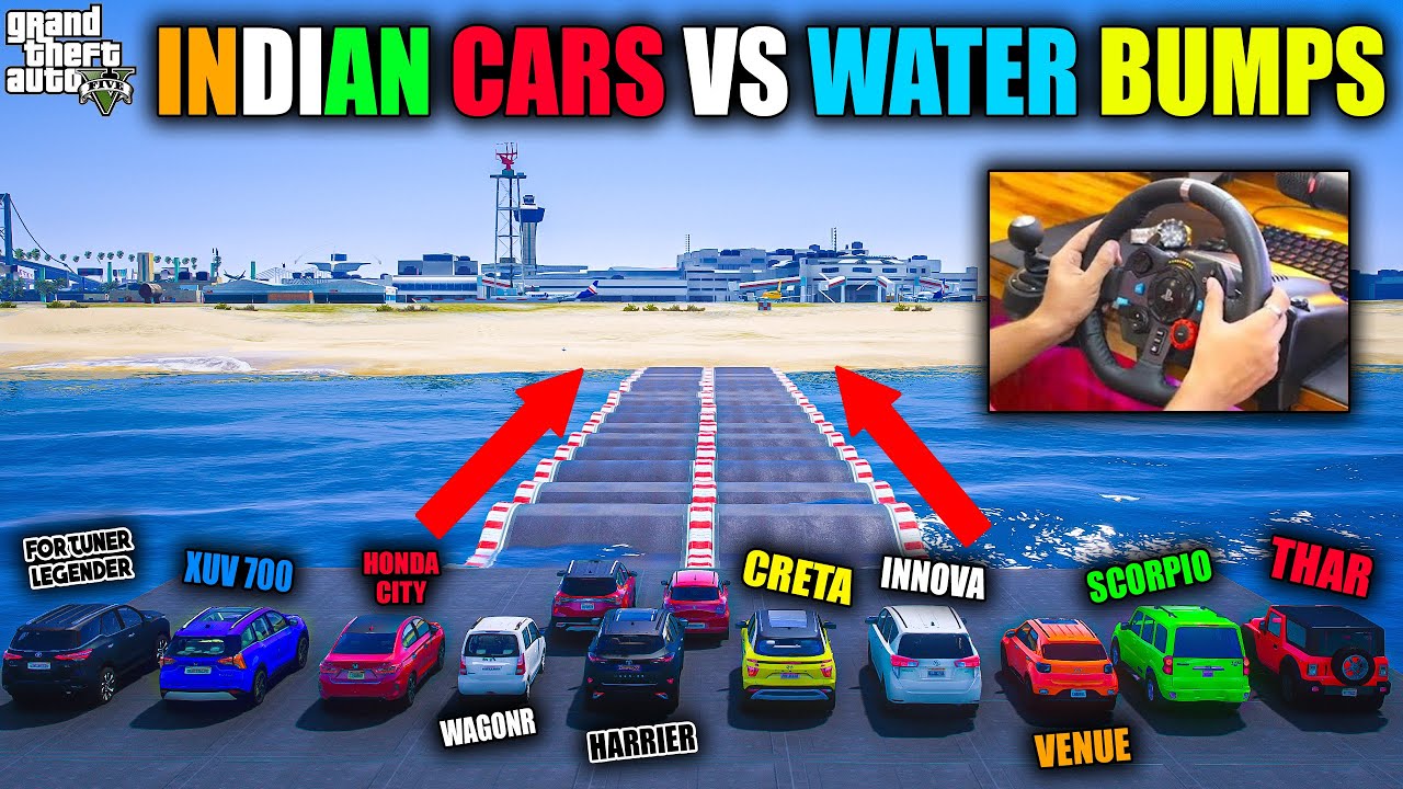 GTA 5 : INDIAN CARS VS WATER BUMPS THAR XUV 700 CRETA FORTUNER INNOVA POLO | LOGITECH G29 WHEEL 2023