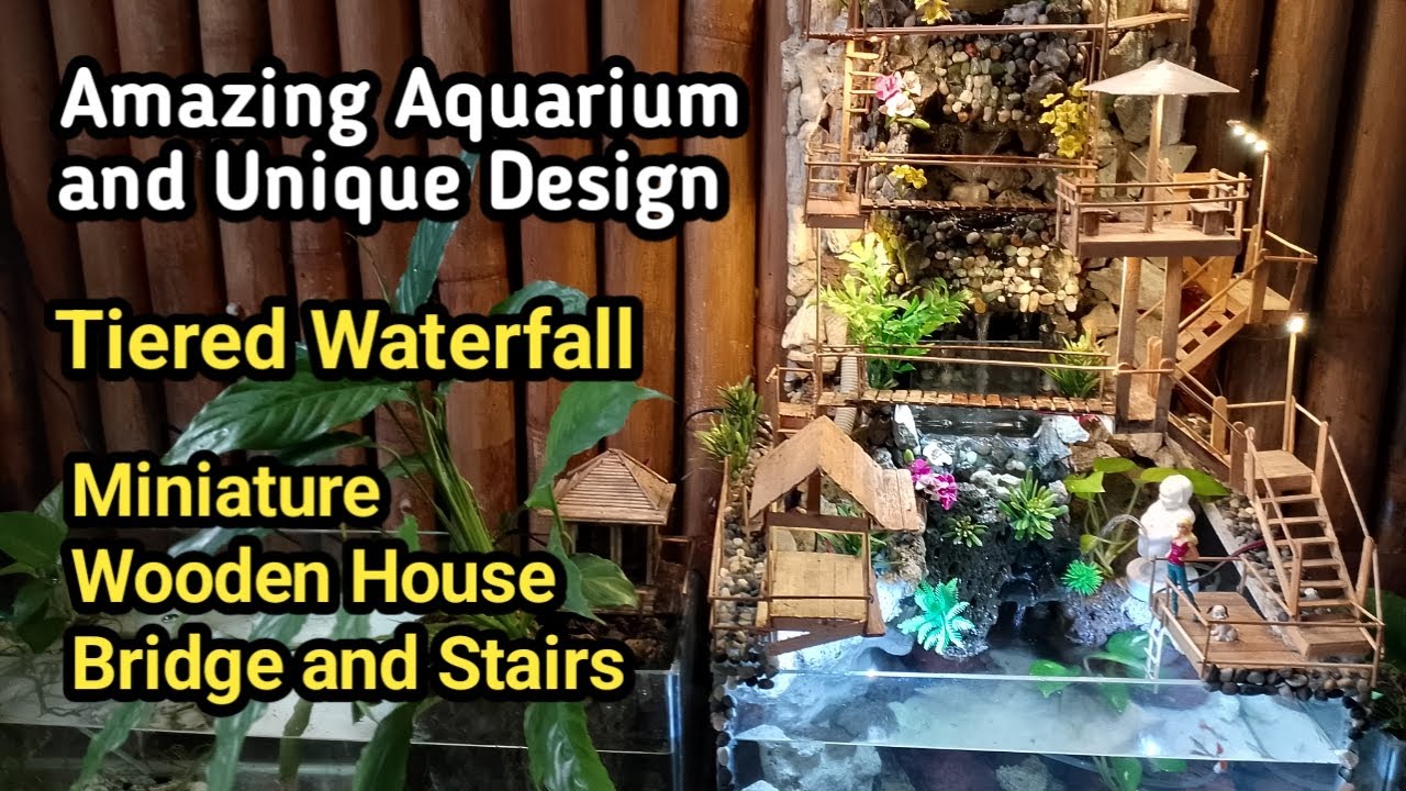 Amazing Aquarium and Unique, Tiered Waterfall and Miniature House and Bridge #aquarium #uniquedesign