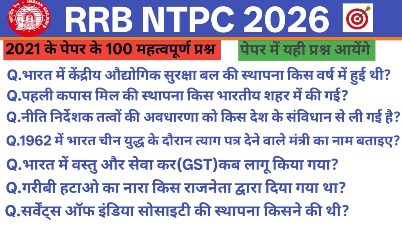 RRB NTPC 2026 TOP 100 GK PYQ| GK PYQS|NTPC PREVIOUS YEAR QUESTIONS