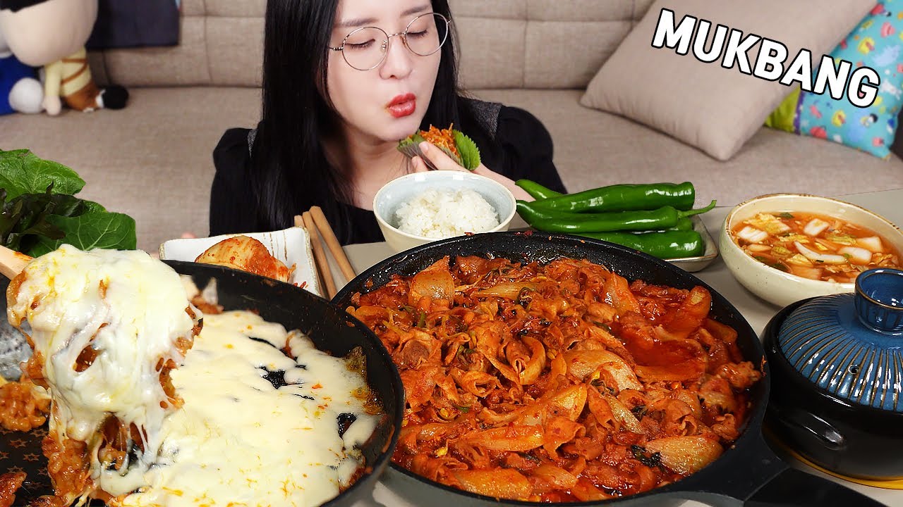 Приготовление Mukbang :) Ростки фасоли зеленый лук bulgogi | жареный рис с сыром.