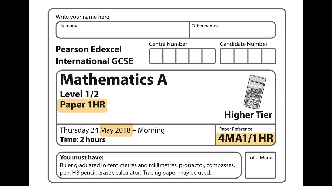 IGCSE Mathematics June 2018 - 4MA1/1HR