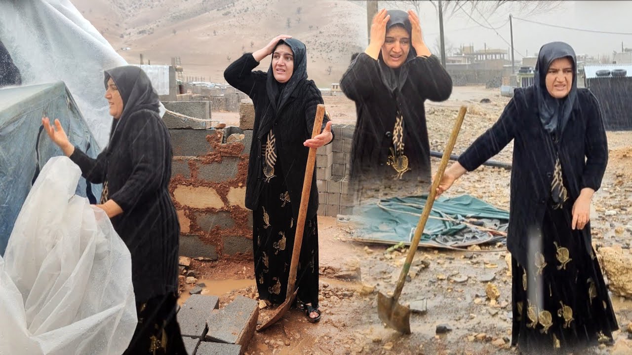 Tough, tearful moments under the pouring rain; Mother in battle to protect children 💧🌧️😭
