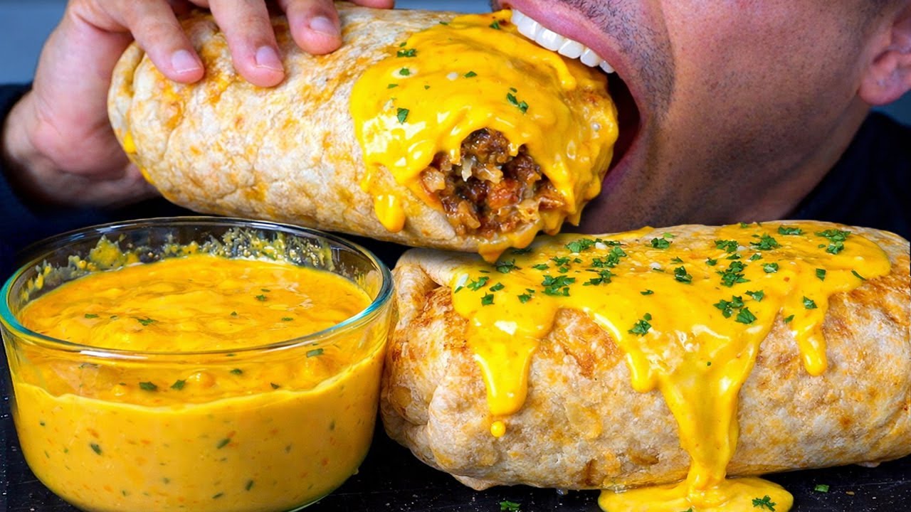 GIANT BURRITO ASMR CHEESE SAUCE BIG BITES EATING CHALLENGE JERRY MOUTH SOUNDS YUM YUM