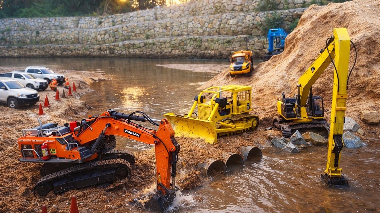 Strong Scale 1/16 : RC Excavator Huina DOOSAN, KOBELCO, CATERPILLAR & BULLDOZER Making Pipeline