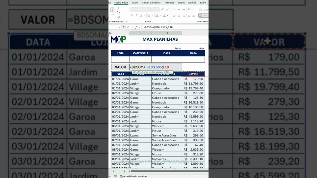 Como somar com crit&eacute;rios no Excel (BDSOMA) | Max Planilhas #excel #maxplanilhas #exceltips