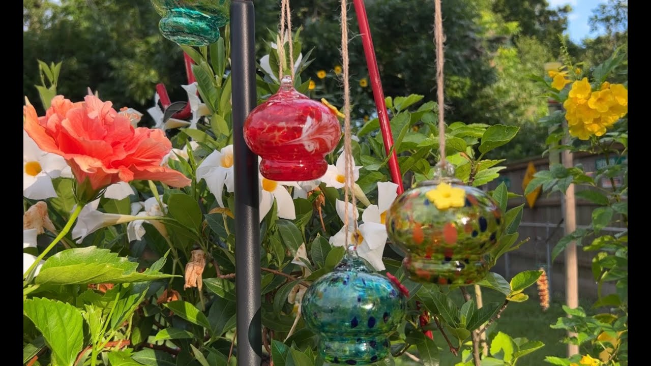 6 pc set Hummingbird Feeders hand blown glass S hooks & rope included for hanging