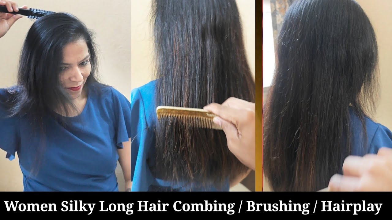 Indian Women Combing and Brushing her Long Silky Hair | Dry Hair Combing by Man | self Hairplay 