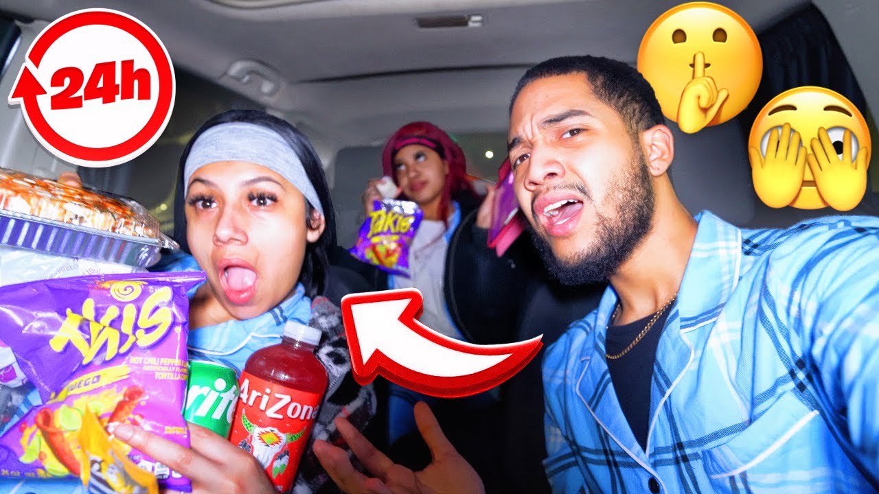 LIVING IN A CAR FOR 24 HOURS! OVERNIGHT CHALLENGE ft. Emily & My 15 YEAR OLD SISTER 😒🤬