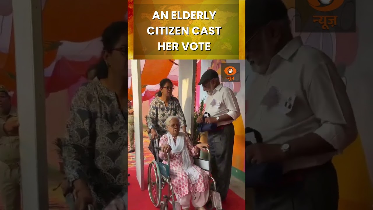 An elderly citizen in a wheelchair arrived early in the morning to cast her vote in Lucknow