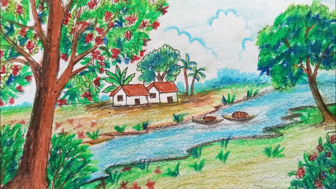 Spring Season Village Scenery Drawing | Beautiful Flower Tree & River Landscape | Oil Pastel Art