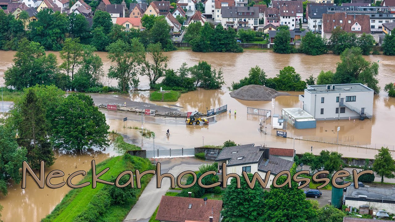 Drohnenaufnahmen vom Neckar-Hochwasser bei Marbach und Benningen, 4K, DJI Air 3