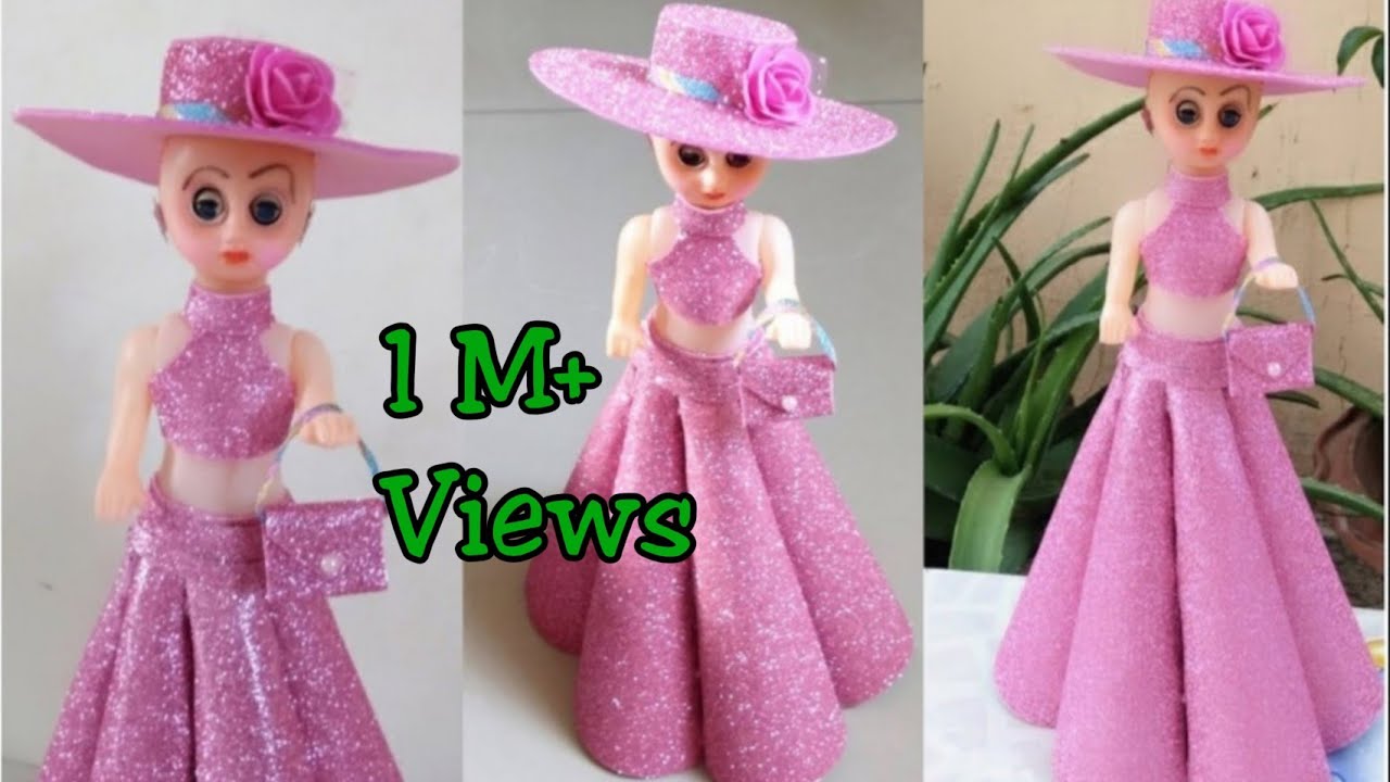 DIY Doll Decoration Idea/Doll Dress Making with Mini Hat & Purse/Best Use of Glitter Foam Sheets