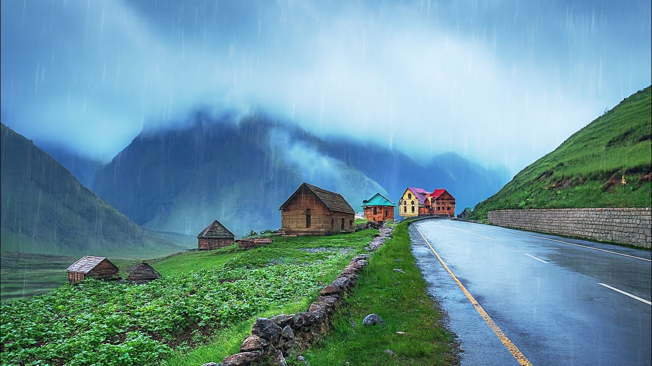 Walking in Rain with Umbrella Sounds  Relaxing Rain Ambience & ASMR | 4K Mountain Village Walk