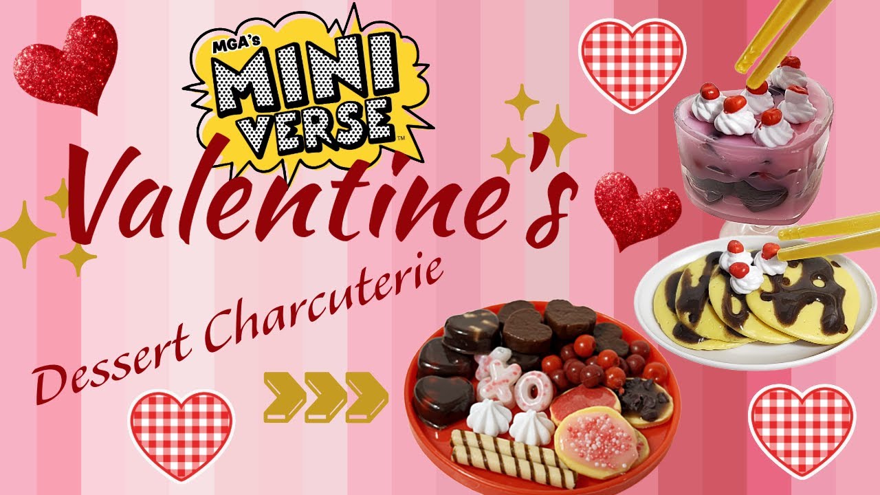 Miniverse Valentine's Desserts, Charcuterie Board, Chocolate Trifle, Pancakes, Heartbreak Surprise