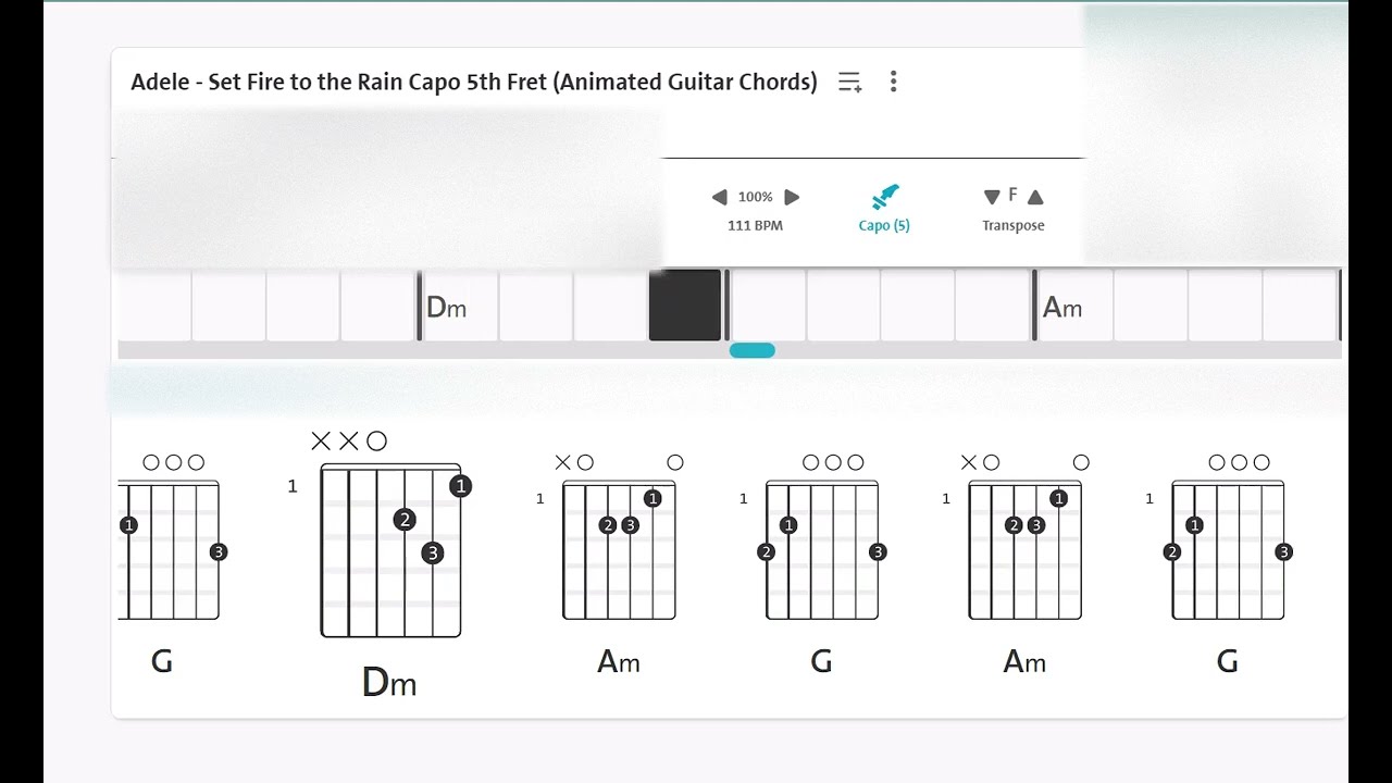VE0100: Adele - Set fire to the Rain. Capo 5th Fret (Animated Chords)